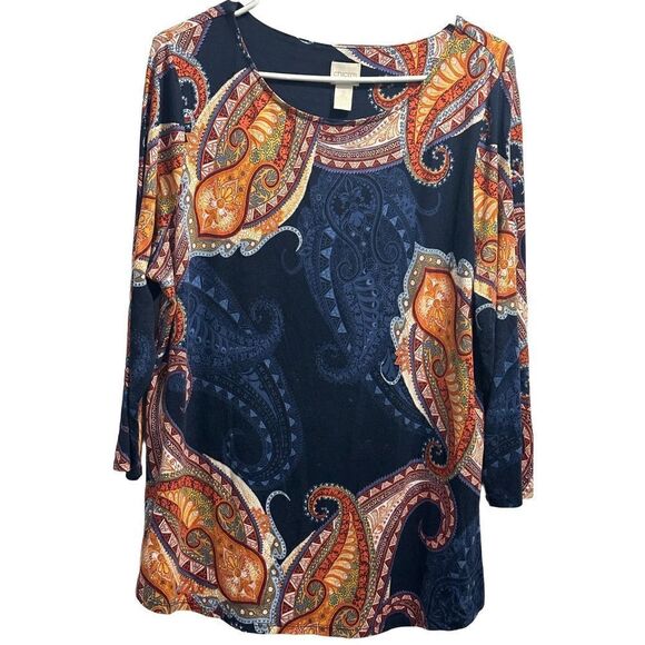 Chico's Tops - Women's Blue and Orange Paisley Print Chico's 3/4 Sleeve Blouse Size 2
